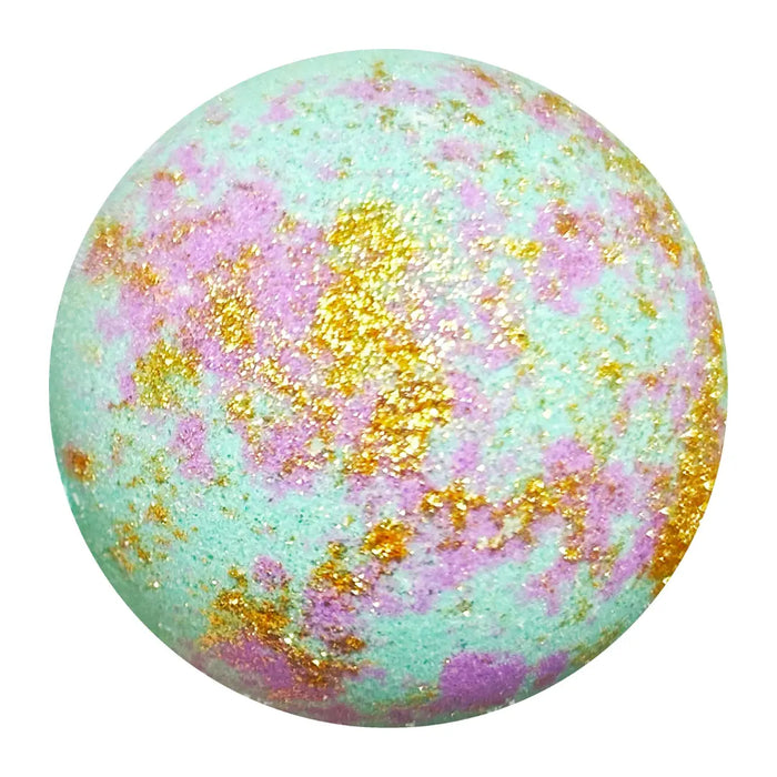 Teal and purple bath bomb with gold glitter.