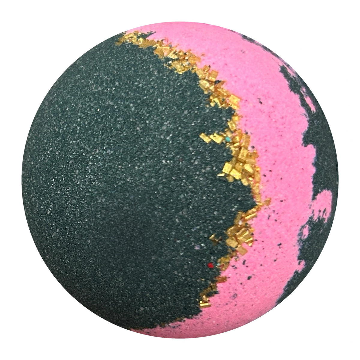 Black wholesale bath bombs with pink stripe and golden sprinkles. Wholesale case 25 units.