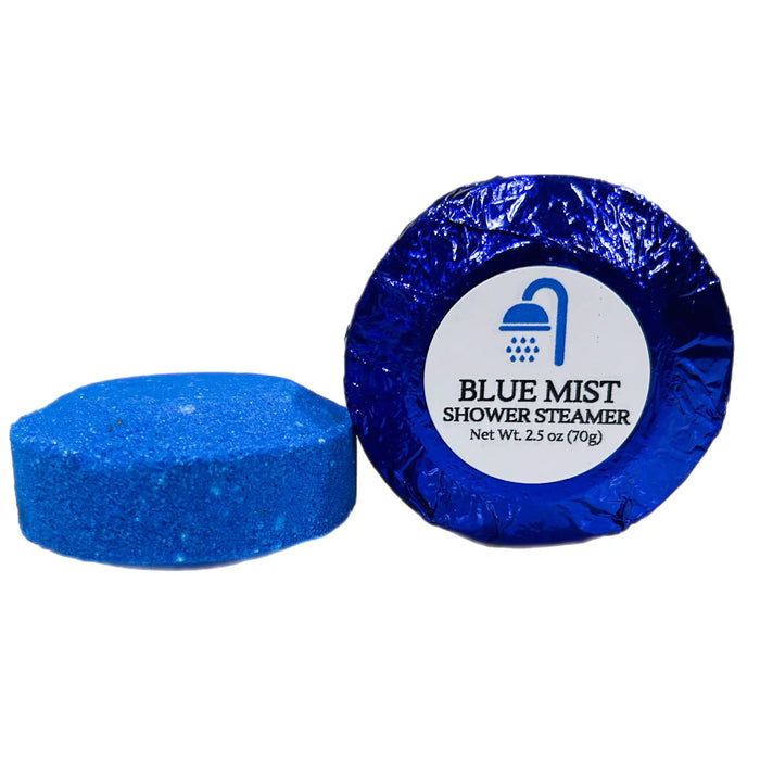 Extra-large 2.5 oz Blue Mist shower steamer, individually wrapped in colored foil, offering a refreshing, cool blend of mint and light floral notes for a revitalizing shower experience.