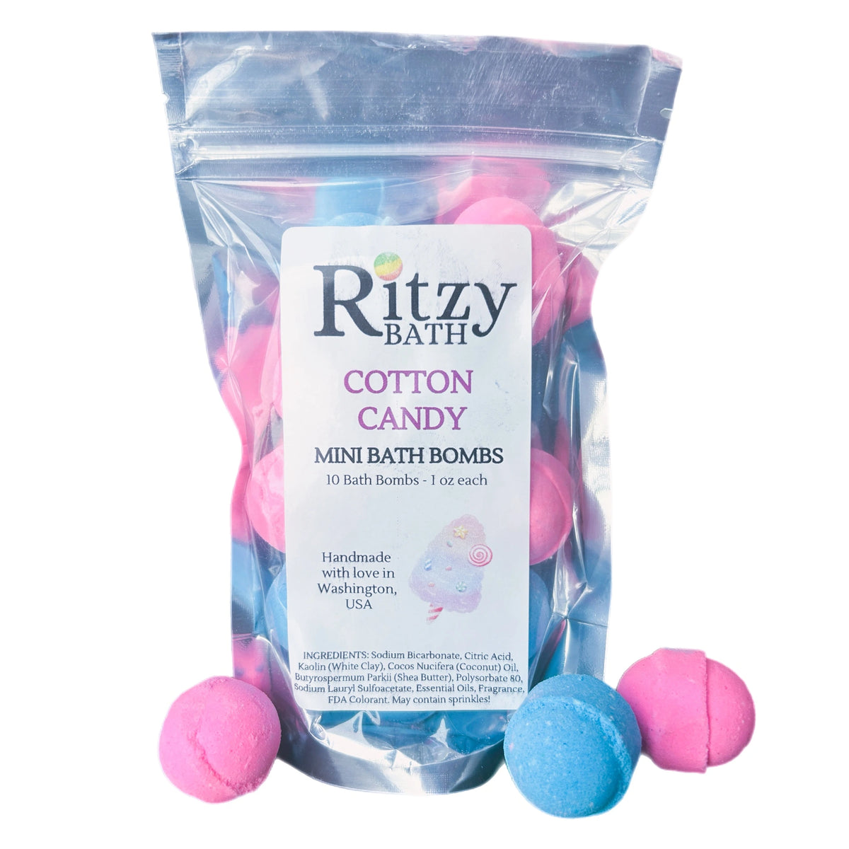 Wholesale Cotton Candy Mini Bath Bombs. Packs of 10 in pink and blue.