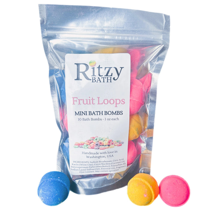 Wholesale mini bath bombs in a fruit loop scent. Packs of 10 mini bath bombs.