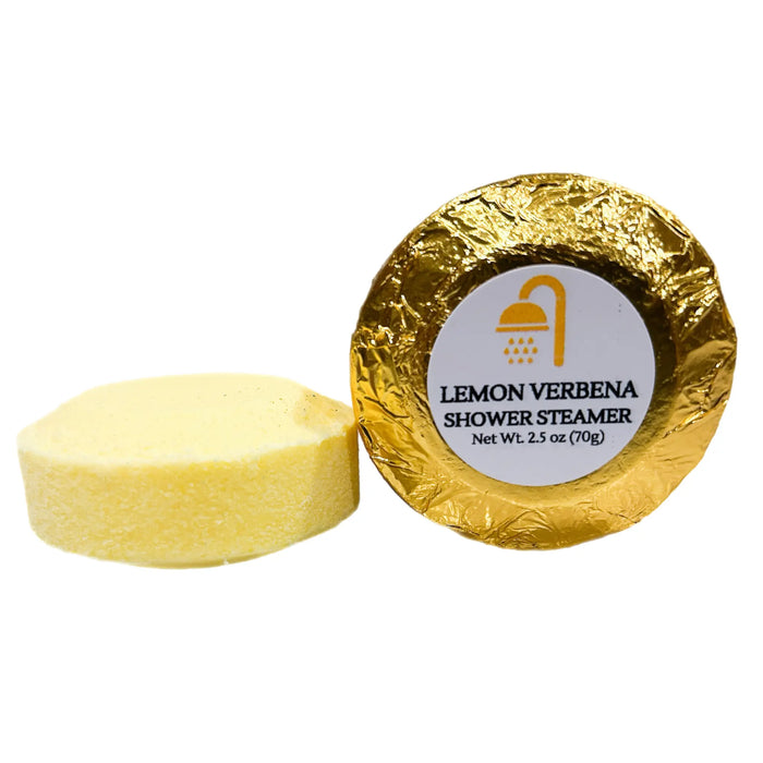 Extra-large 2.5 oz Lemon Verbena  shower steamer, individually wrapped in colored foil, releasing a bright and zesty lemon verbena scent for a refreshing shower experience.