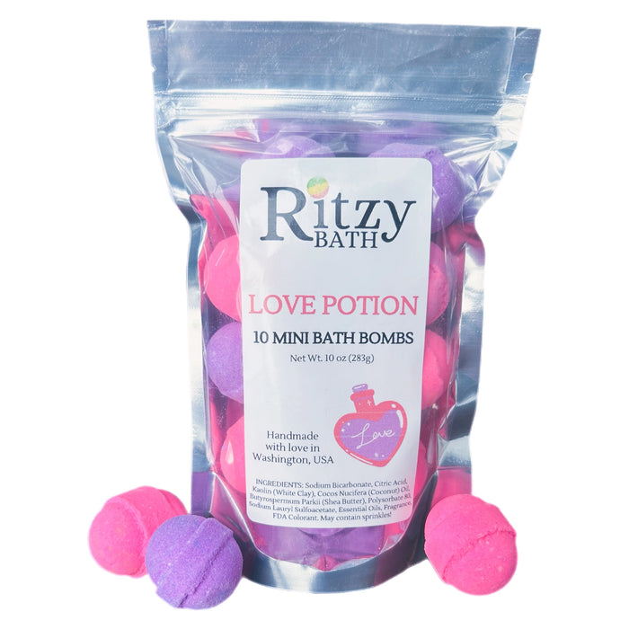 Wholesale mini bath bombs in a love potion scent.