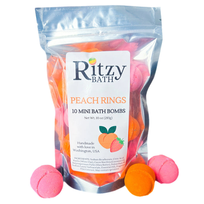 Wholesale Mini Bath Bombs handmade in the USA. Peach scented mini Bath Bombs in packs of 10