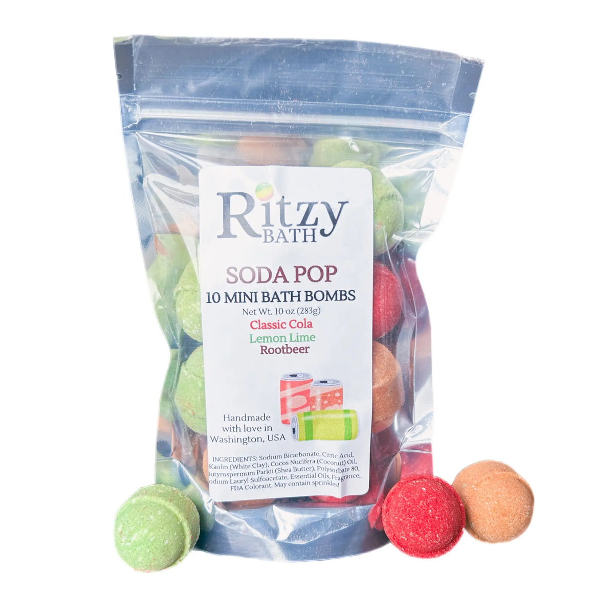 Soda mini bath bombs in pouches of 10. Wholesale mini bath bombs.