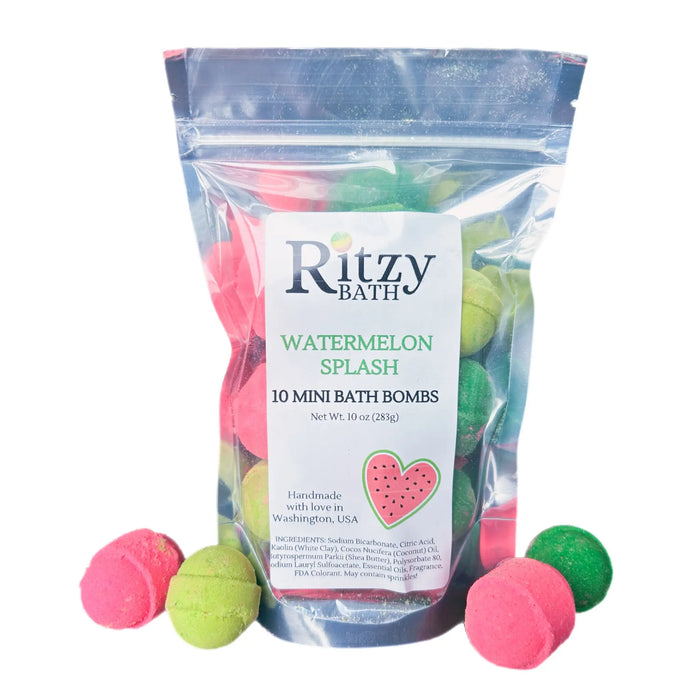 Watermelon mini bath bombs handmade in the USA. 10 minis per bag.