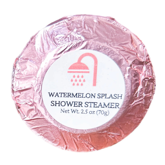 Extra-large 2.5 oz Watermelon shower steamer, individually wrapped in colored foil, bursting with a juicy, sweet watermelon scent for a refreshing and uplifting shower experience.